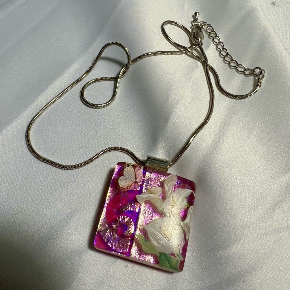 White Lily and Butterfly hand painted on square pink Pressed glass Necklace.